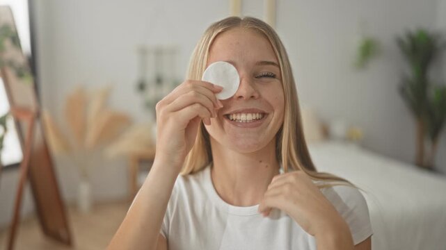 Young woman holding a cotton pad over one eye while smiling on a bed in a cozy bedroom with plants and mirror visible; playful.