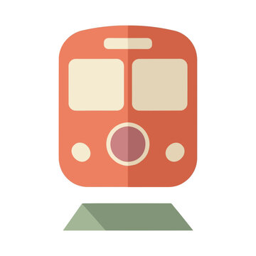 Flat illustration of a red train front view on a green platform  