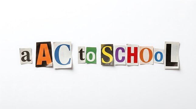 Back to school text created with cut out magazine letters on a plain white background
