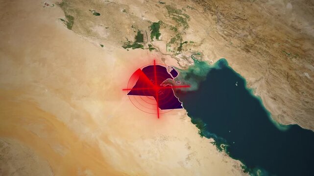 Zooming satellite map highlighting Kuwait with a red targeting crosshair graphic