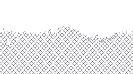 Chain link fence with broken wire mesh and iron cage structure elements isolated on white background. Damaged safety barrier with steel net pattern, gap and hole for escape design illustration. © vectorpouch