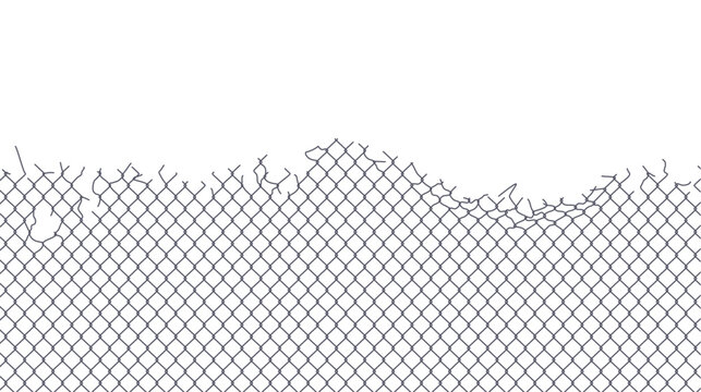 Chain link fence with broken wire mesh and iron cage structure elements isolated on white background. Damaged safety barrier with steel net pattern, gap and hole for escape design illustration.