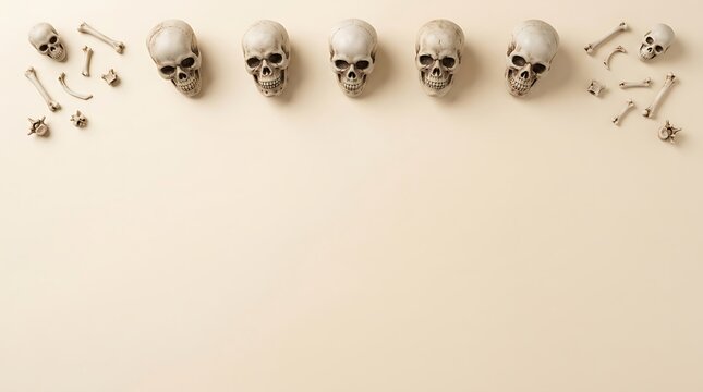 Top view of human skulls and scattered bones arranged in a row on a light beige background for a spooky halloween holiday flat lay composition