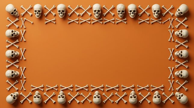 Halloween border frame made of human skulls and crossed bones on an orange background for holiday party invitation or seasonal spooky greeting card