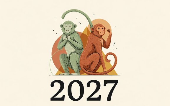 2027 Chinese New Year Concept with Two Monkeys Vector Illustration