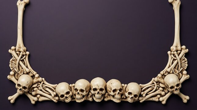 Decorative frame made of human skulls and bones arranged in a horizontal border design for spooky gothic or halloween themed creative projects