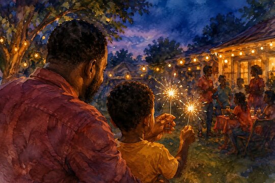 Father and son lighting sparklers, Juneteenth watercolor illustration