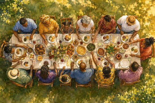 Aerial view of family feast, Juneteenth watercolor illustration