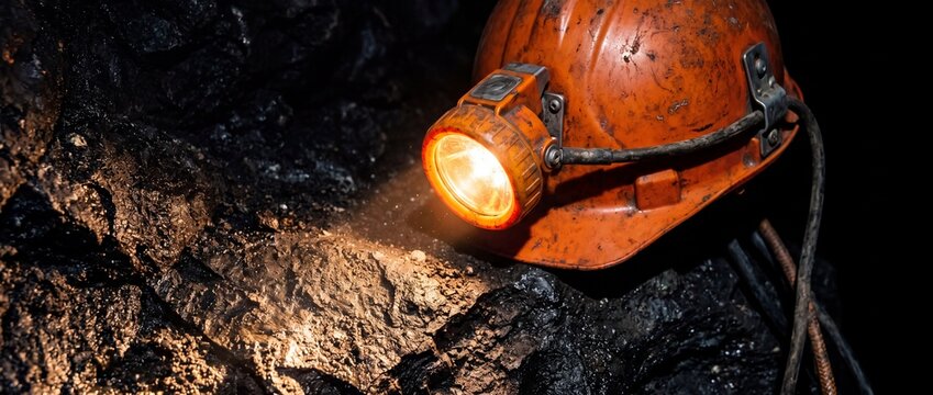Orange safety helmet with bright headlamp illuminates dark coal seam inside deep underground mine for worker visibility and site safety.
