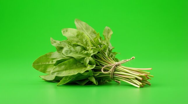 A fresh bundle of sorrel leaves tied with string on a vibrant green background