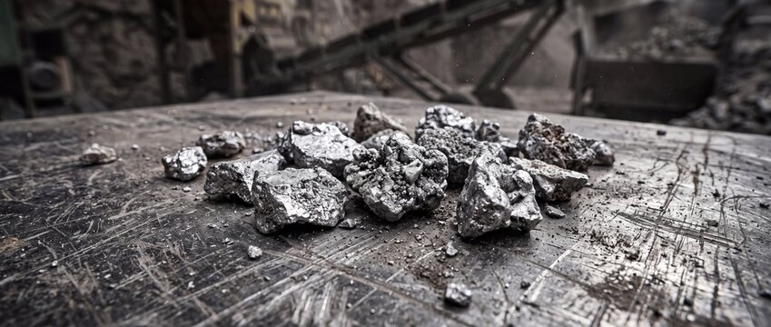 Raw silver ore nuggets rest on scratched metal workbench surface within refinery plant for inspection and further metallurgical processing.