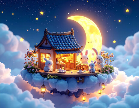 動物　空島　Fantasy floating house on cloud island with lanterns under crescent moon

