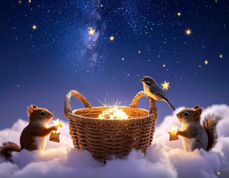 星　動物　Cute squirrels in wicker basket among clouds under starry night sky

