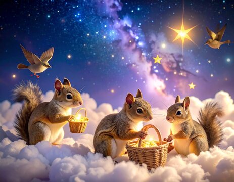 星　動物　Cute squirrels in wicker basket among clouds under starry night sky

