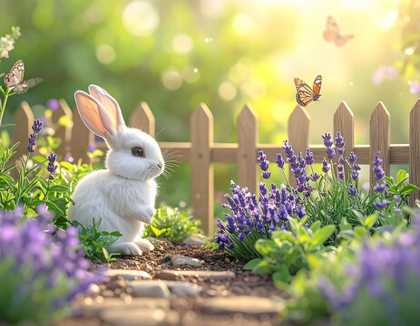 うさぎ　Cute white rabbit in spring garden with purple flowers and butterflies