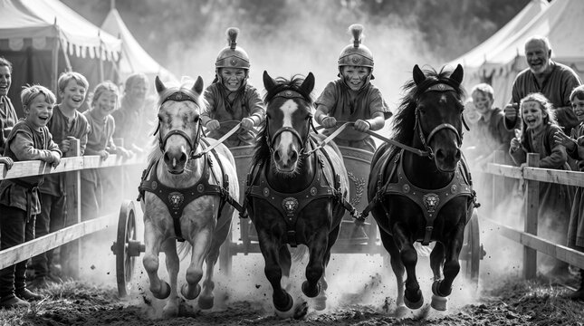 Young Roman Charioteers Racing Three Ponies Through a Crowded Arena