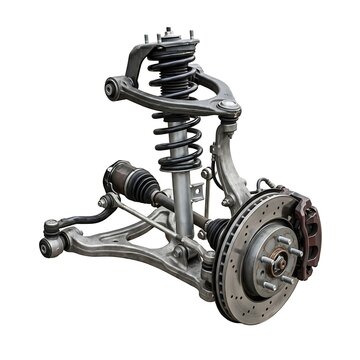 Automotive front suspension assembly with coilover shock and brake disc isolated on white background