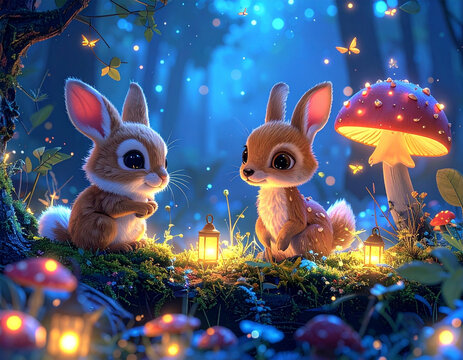 キノコ　森　動物　Cute baby deer fawns in magical glowing forest with mushrooms and fireflies