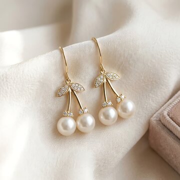 Elegant gold cherry pearl dangle earrings with sparkling stones