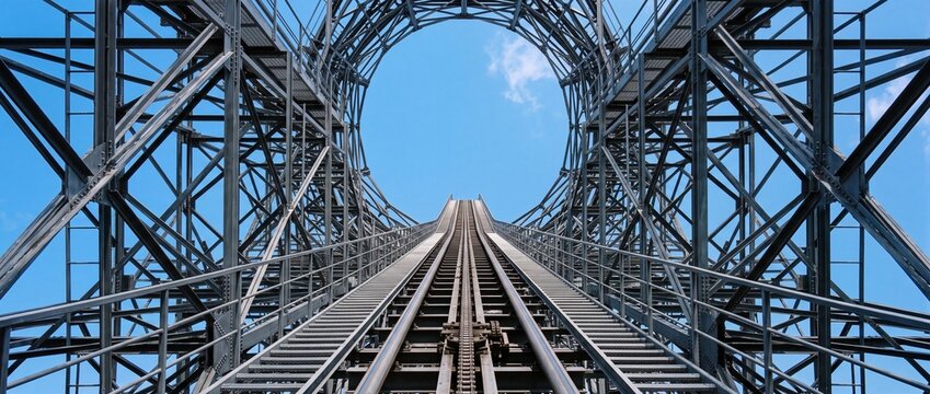 Symmetrical low angle view of wooden roller coaster lift hill climbing towards circular steel structure under clear blue sky