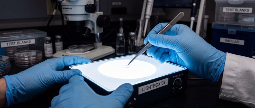 Gloved scientist uses precise tweezers to inspect micro specimen on glowing light box during sample preparation inside modern laboratory