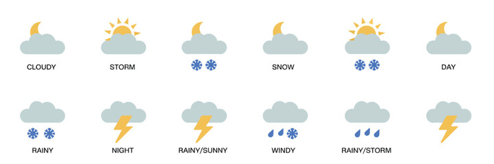 Obraz premium Weather Icons, Rain Storm Snow Cloud Sunshine Wind Day Night Summer Winter Forecast Symbols Labels and Isolated Vector Design
