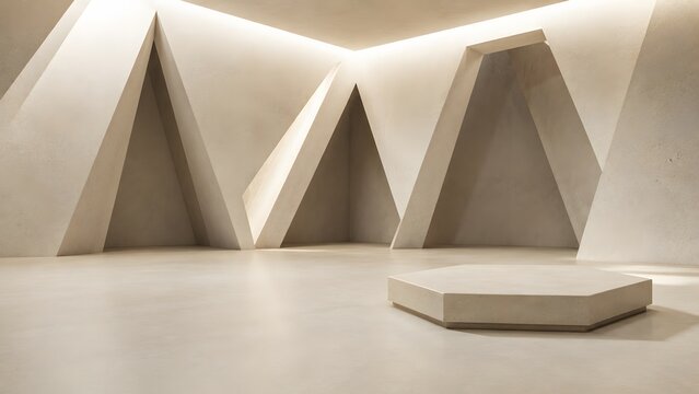 Podium Background Photos... Modern empty room with geometric walls and a low hexagonal podium for display Ai Generated