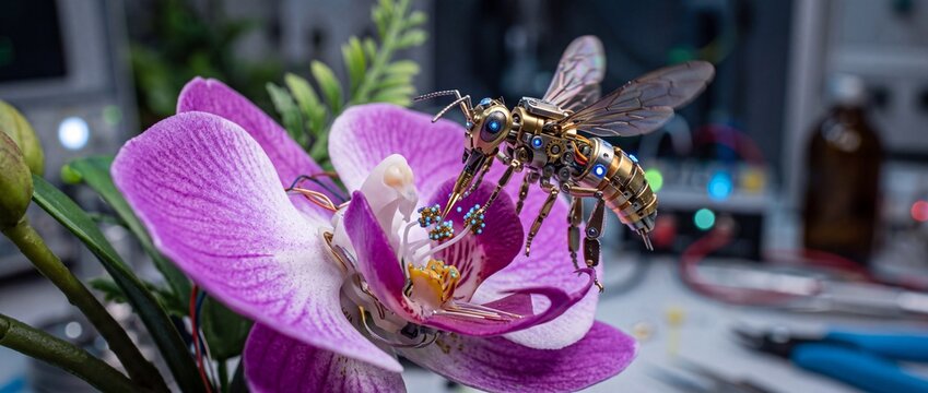 Mechanical bee robot with glowing blue eyes collecting pollen from vibrant purple orchid flower in laboratory