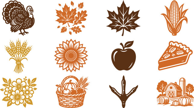 A collection of hand drawn style thanksgiving icon designs featuring turkey leaf pie apple and harvest elements for seasonal holiday projects