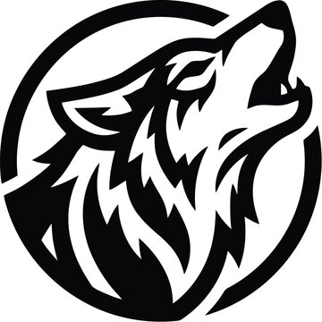 Howling wolf head logo vector, minimalist black and white animal silhouette, circular predator mascot emblem for sports and gaming