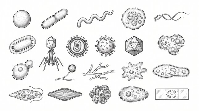 Hand Drawn Microbiology and Microorganism Scientific Illustration Collection