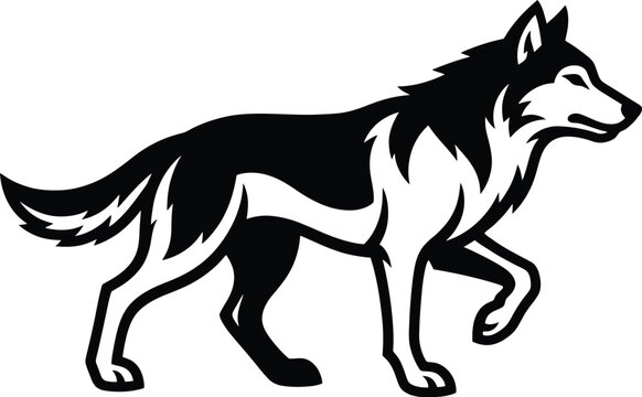 Minimalist wolf vector silhouette, walking timber wolf mascot logo, black and white wild animal profile for outdoors branding