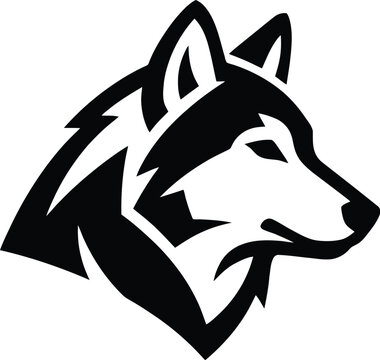 Minimalist wolf head logo, black and white husky mascot vector, stylized canine profile icon for sports branding and apparel