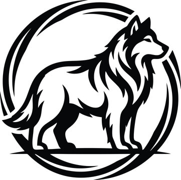 Wolf logo vector, majestic wild animal silhouette in circular frame, black and white husky or malamute dog icon for branding