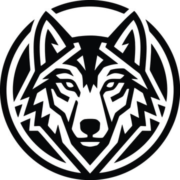 Minimalist wolf head logo, geometric husky dog mascot vector, black and white animal emblem for sports and branding