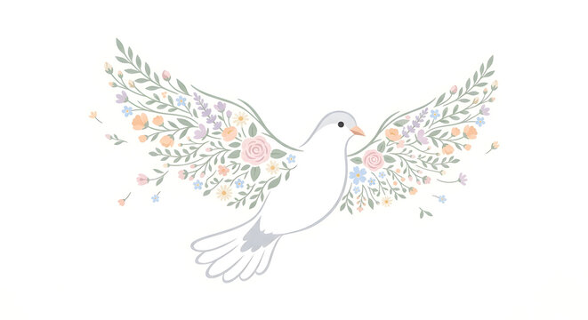 White dove with floral wings spreading peace and serenity over light cream background.