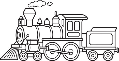 A classic steam locomotive train engine with a coal tender, featuring a smokestack, bell, and wheels, rendered in clean black and white line for a children's coloring page also transparent background © BeCoolOk