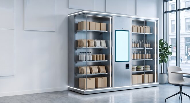 Modern automated smart vending machine with touch screen display in a bright office lobby.