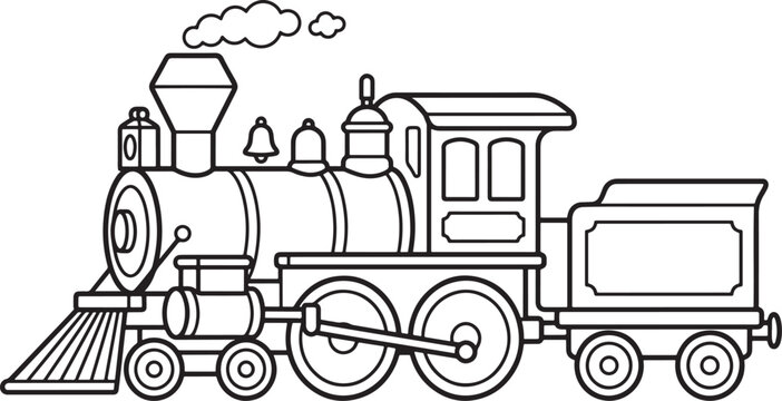 A classic steam locomotive train engine with a coal tender, featuring a smokestack, bell, and wheels, rendered in clean black and white line for a children's coloring page also transparent background