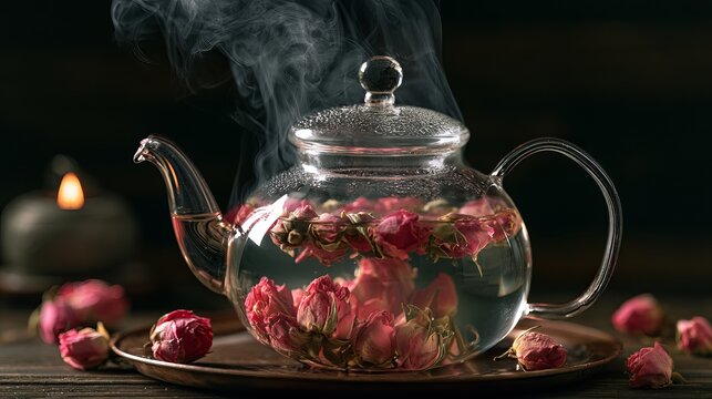 Glass teapot filled with dried rose petals steeping, emitting fragrant steam, creating a calming, warm, and inviting ambiance