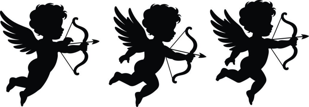 Three silhouettes of little cupids with wings holding bows and arrows isolated on a white background