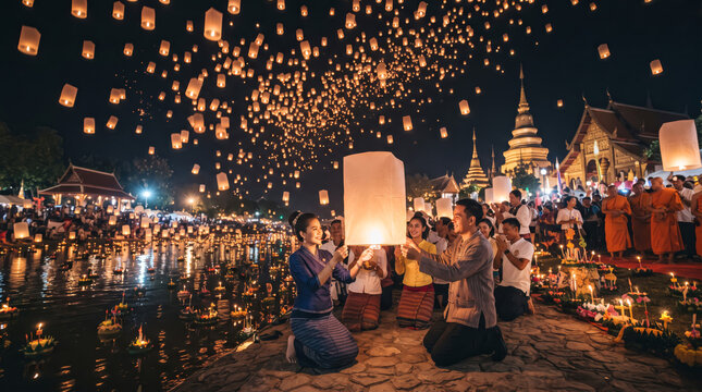 People releasing floating lanterns into night sky during yi peng festival thailand