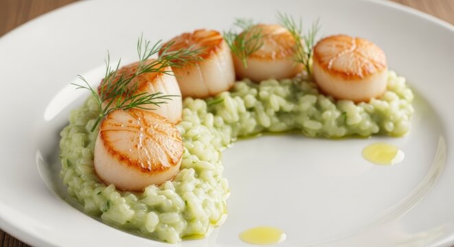 Pan-seared scallops served on herb risotto with olive oil.