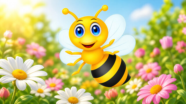 Title: Cute Cartoon Bee Flying Over Colorful Flowers in Spring Garden
