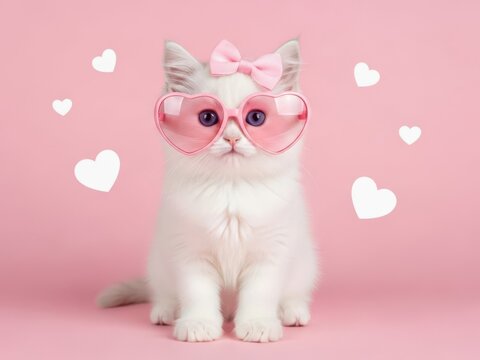 Adorable kitten wearing heart-shaped sunglasses and bow
