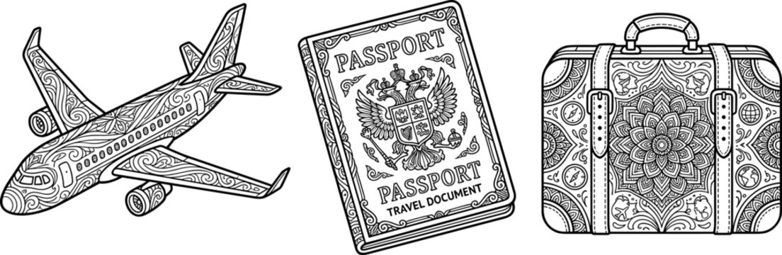 Travel set with airplane, passport and suitcase