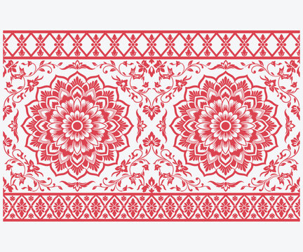 Seamless traditional Thai pattern vector with intricate mandalas and decorative floral borders for textile and art