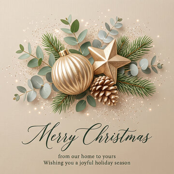 Christmas social media Instagram post, banner, Greetings card design with Luxurious gold christmas bauble and star ornament nestled amongst eucalyptus leaves and pine sprigs on beige background