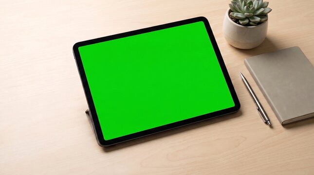 Modern digital tablet with chroma key green screen propped up on wooden desk workspace