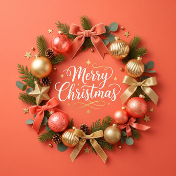 Merry christmas wreath arrangement on orange background with velvet bows golden ornaments and pine branches creating warm festive frame for holiday social media marketing ads.